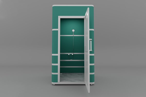 open door interior view of portable shower units in model
